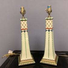 Pair Chelsea House Hand Pained Wood Lamps Cream Green Red Gold Heavy