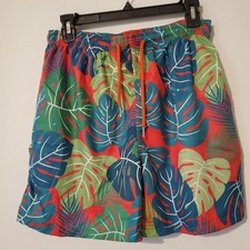swim trunks men large Tropical Leaf Print Green Orange Pockets Lined