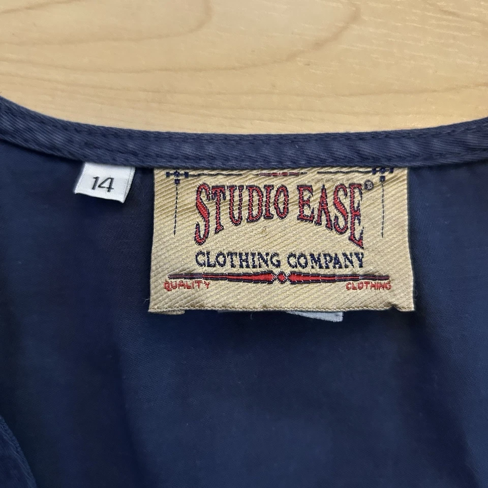 Chaleco con botones vintage Studio Ease años 90 para mujer algodón azul EE. UU. talla 14 usado en excelente estado Foto 4 de 4