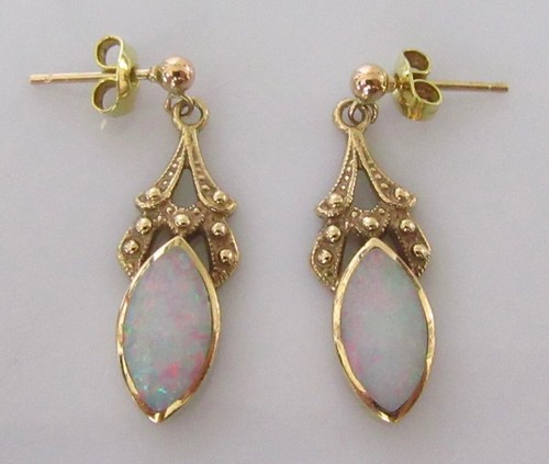 9ct Gold Earrings - 9ct Yellow Gold Marquise Cut Opal Drop Dangle Stud Earrings - Picture 10 of 13