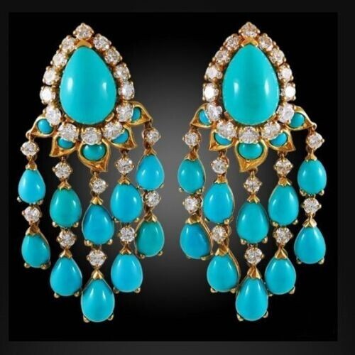 Pendientes araña finos de plata 925 para mujer azul turquesa redondo halo enchapado en YG