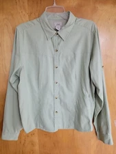 L.L.BEAN  Woman's XL Long Sleeve Shirt Green Checkered Button up left zip pocket
