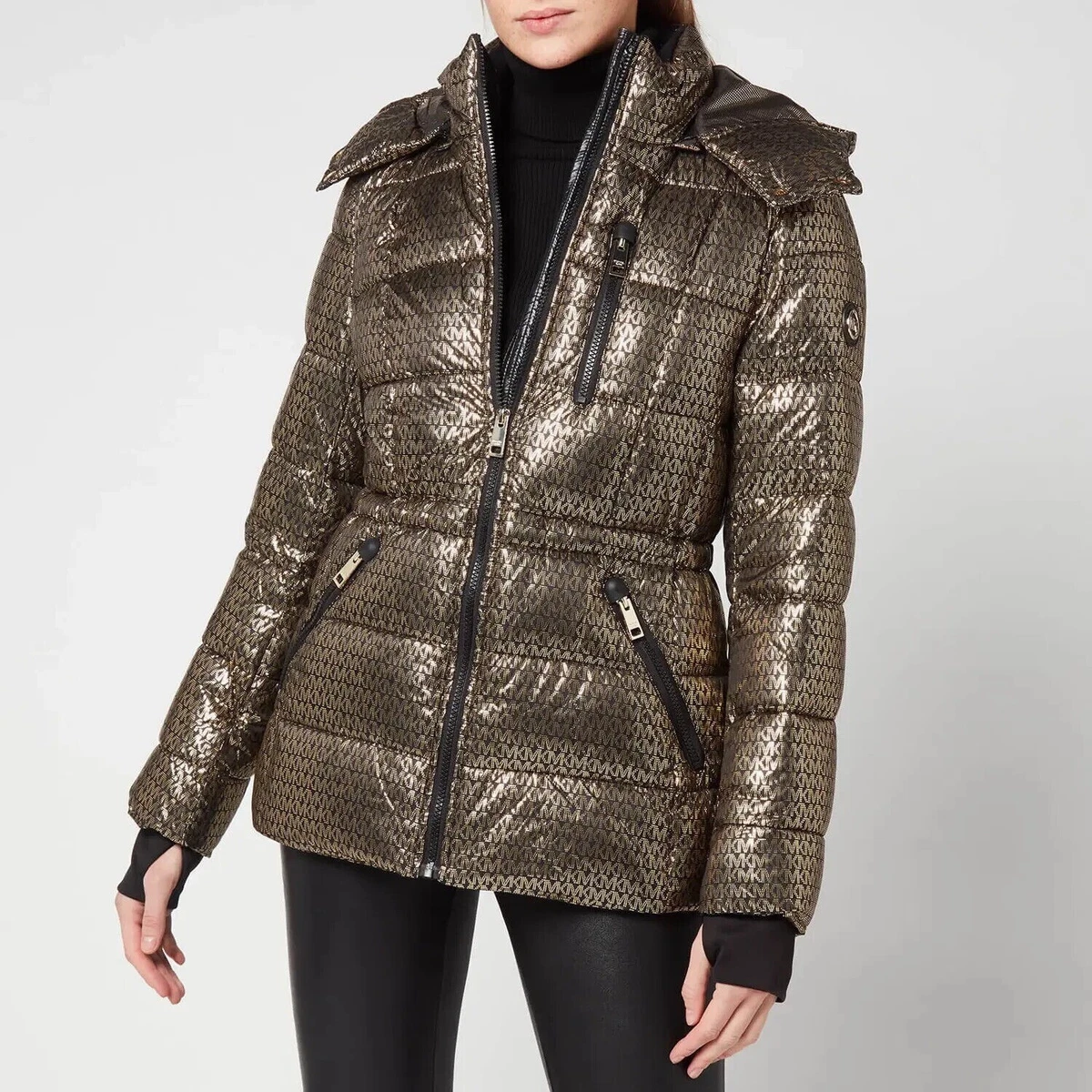 New Michael Kors Metallic Gold Logo Puffer Jacket Small $340 MSRP A421746Q28