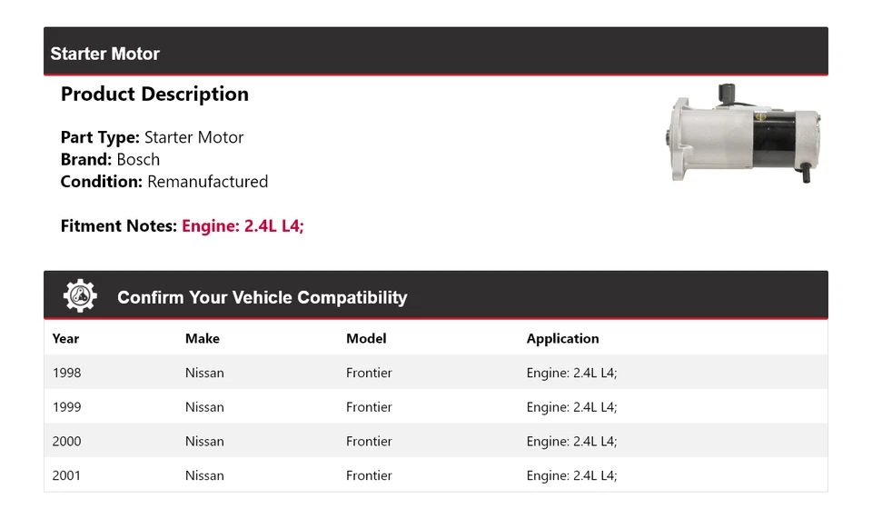 Стартер (восстановленный) 1999 2000 для Nissan Frontier 2,4 л L4 Bosch 1998-2001 годов выпуска - Изображение 2 из 4
