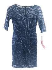 Tahari Dress Women's 4 Blue Sequin Mesh Lace Lined Sheath Formal Long Sleeve New