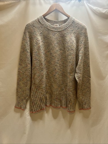 J Jill Womens Crew Neck Sweater Cream Speckled Cotton Relaxed L Peach Trim