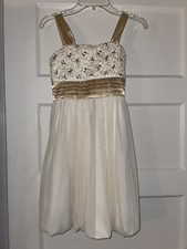 NWT Girls Dress Ivory Gold Sequin Top Shimmer Skirt Zip Ties Bow Size 10 Lined