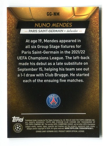 Nuno Mendes Rookie Refractor Glimpses of Gold 2021-22 Topps Stadium Club UEFA - Picture 2 of 2