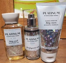 3 PCS BATH & BODY WORKS PLATINUM TRAVEL SIZE FRAGRANCE MIST SPRAY CREAM & GEL 