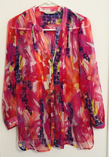 Soft Surroundings Long Sleeve Button Front V-Neck Paisley Chiffon Tunic Top PM