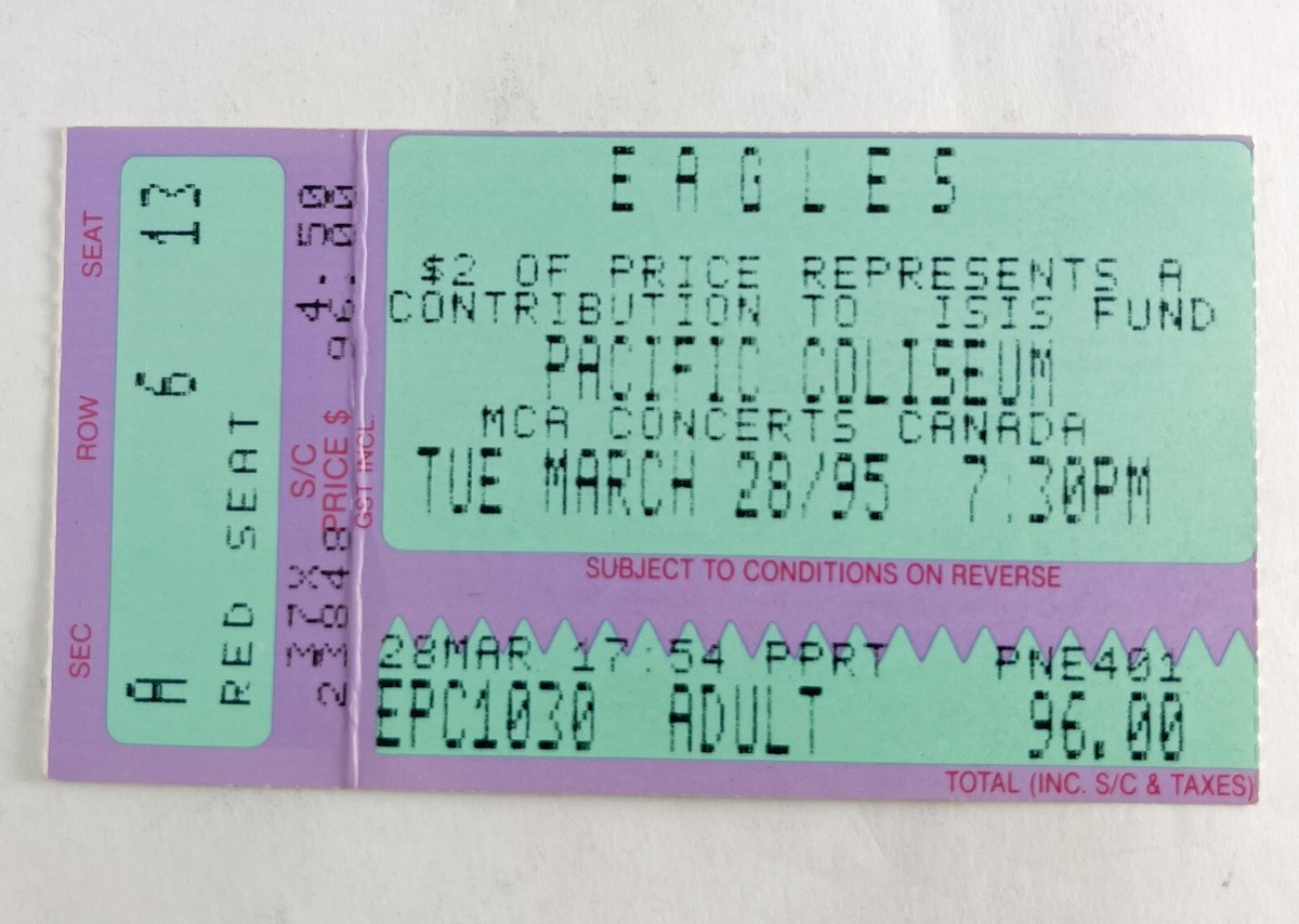 The Eagles 1995 World Tour Concert Program, Ticket Stub Pacific