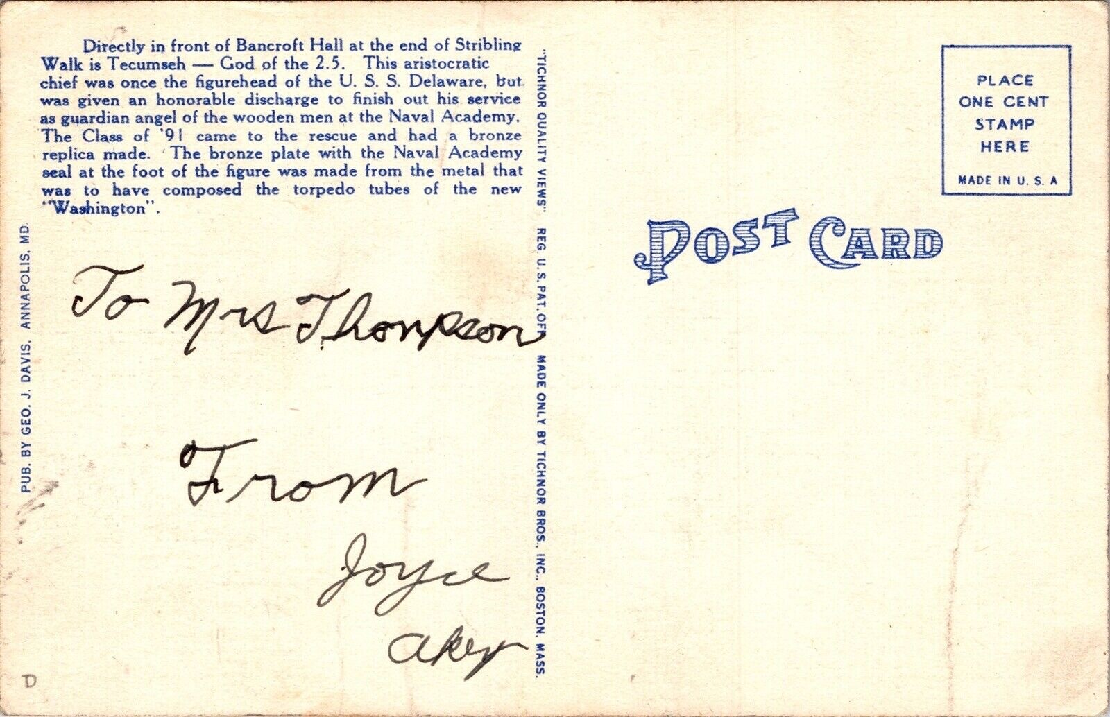 Tecumseh Monument US Naval Academy Annapolis MD Maryland Linen Postcard UNP VTG eBay