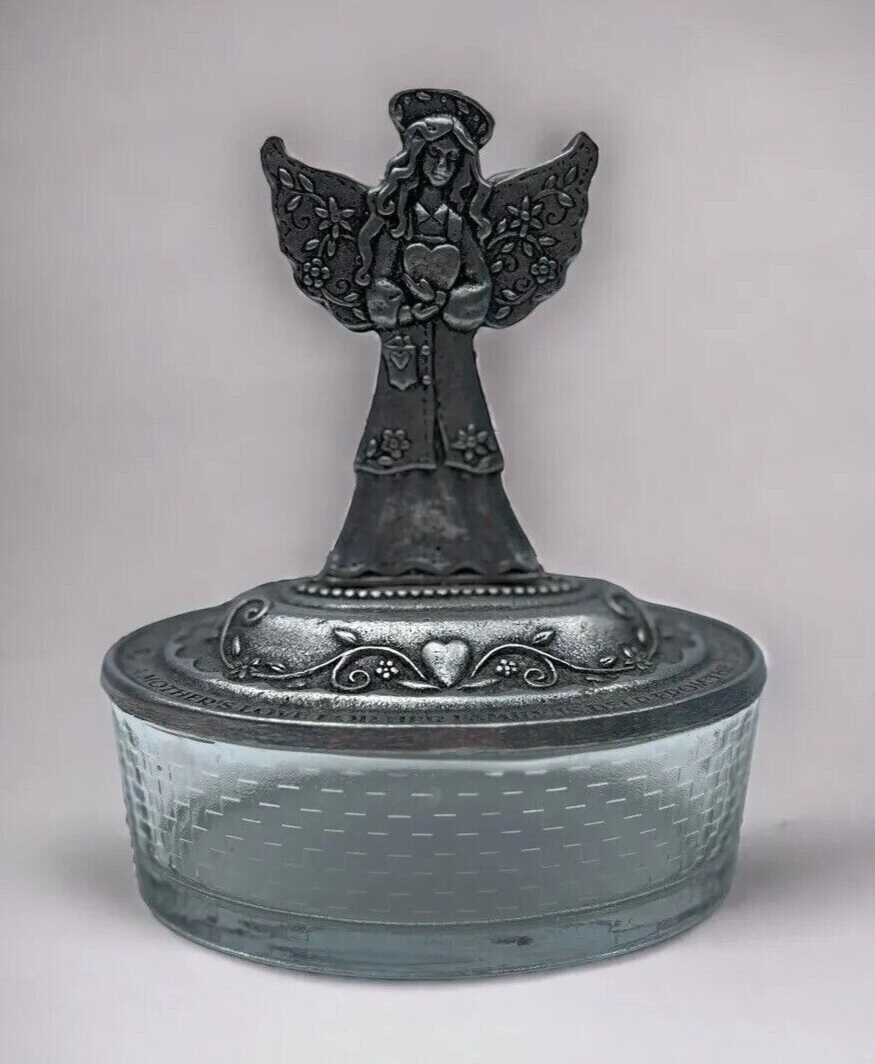 Vintage Jewlery Trinket Box Oval Pewter Angel Lid Glass Oval Bowl 2002 Carson