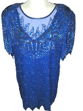 VTG Denise Elle 100% Silk Beaded Dress Womens 2X Blue Cocktail Formal Evening