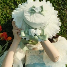 Lady Mori Girl Straw Hat Sun Hat Summer Beach Flat Top Lace Bow Decor