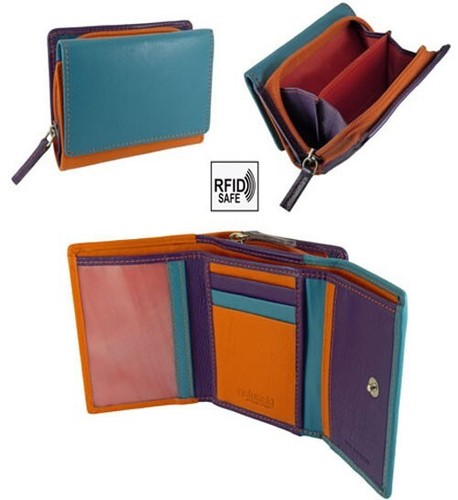 Womens Small Compact Trifold Real Leather Purse Multicoloured RFID Protected - Picture 8 of 9