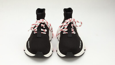 Balenciaga Womens Speed Mid Top Lace Up Black Knit Red Sock  display picture 2
