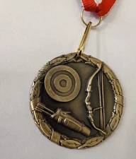 Archery medal gold, about 2" diameter, individual award, New with neck ribbon