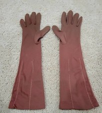 Vintage Brown Synthetic Fabric Long Gloves W/Decorative Stitching