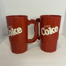 Vintage Enjoy Coke Plastic Handle Super Mugs Cups Made in USA Red x2