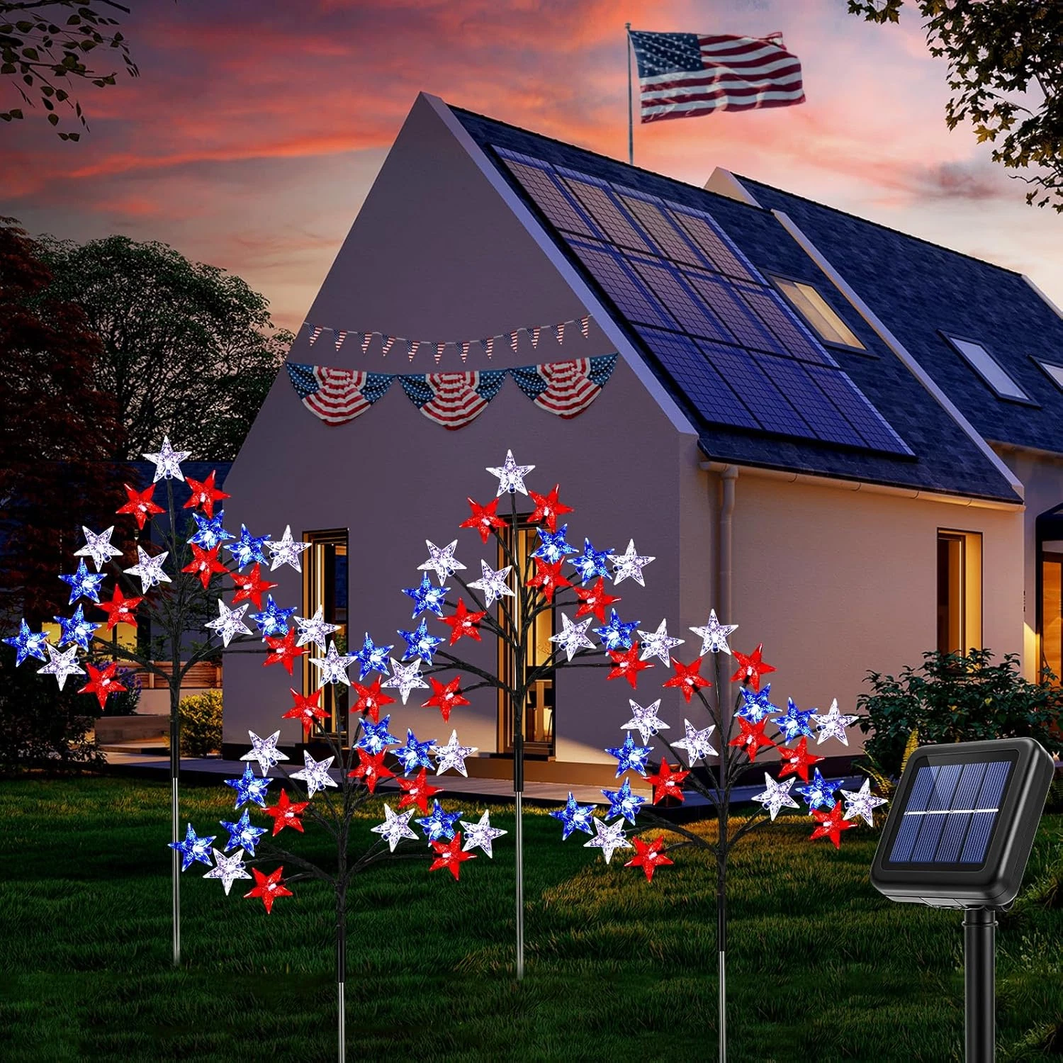Solar 4Th of July Stake Lights, (4 Connected in 1) Red White and Blue Lights Out