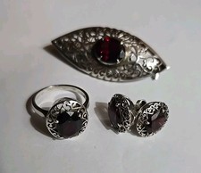 Sterling Silver Set Garnet Brooch,  Earrings, and Ring Size 7