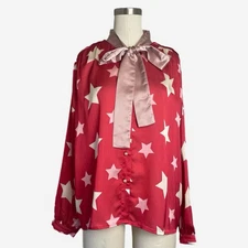 Sister Jane NWT Red Star print bow tie neck blouse pearls maximalist FunHaus XS