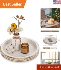 Round Wooden Decorative Tray: White Washed Bead Tray Decor for Coffee Table C...