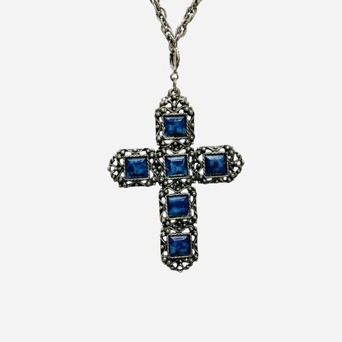 Sarah Coventry Tudor Cross Necklace Reversible Blue Silver Pendant Vintage