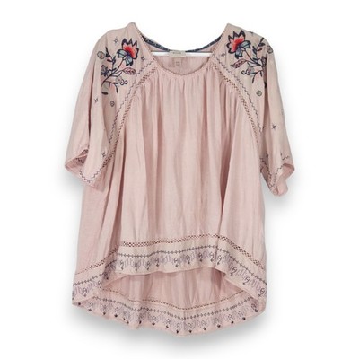 Knox Rose Embroidered Peasant Tunic Blouse Crochet High Low Blush Pink XXL Boho