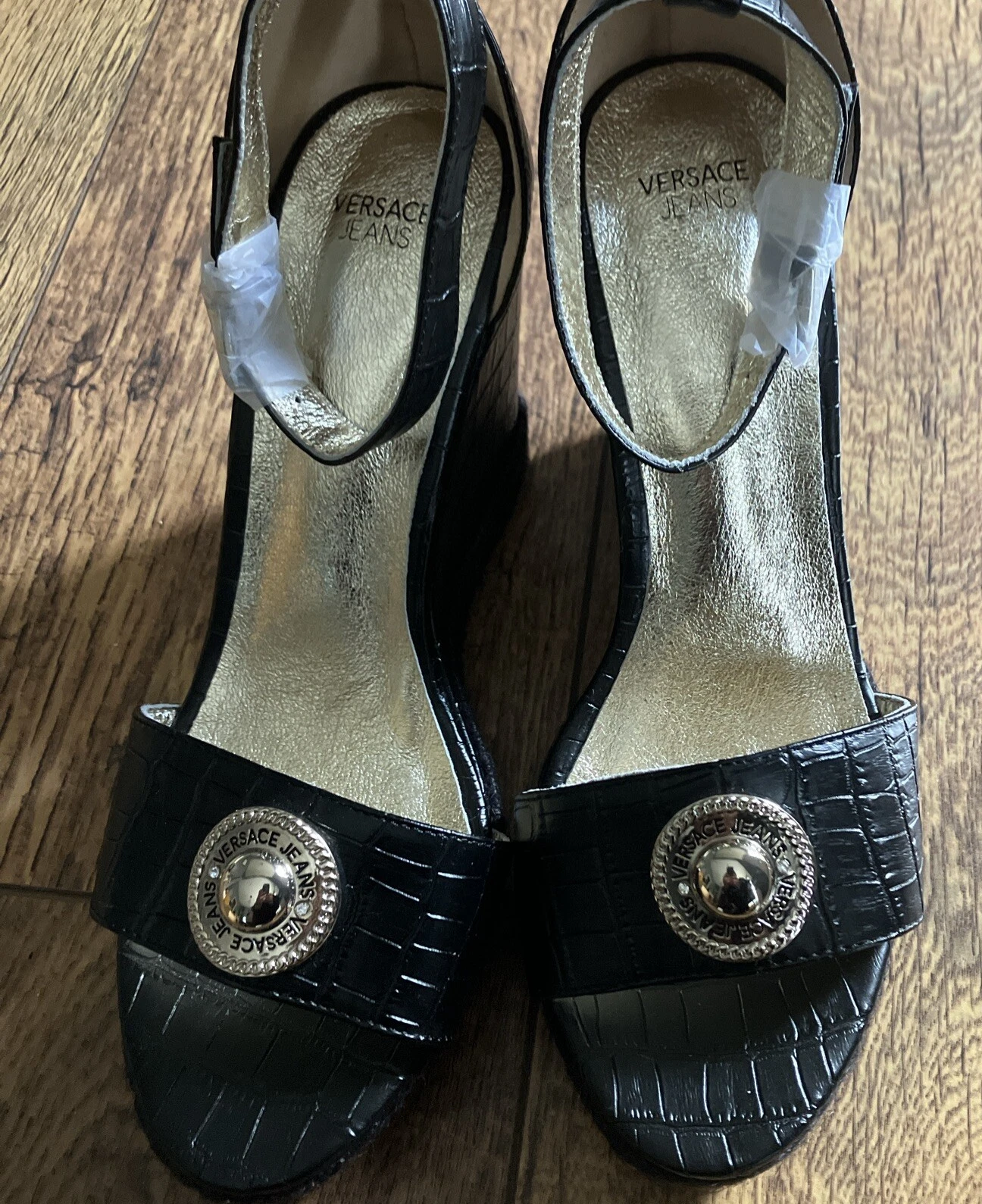 Versace Jeans Couture Women’s Leather Wedge Sandals Black UK 6.5 New