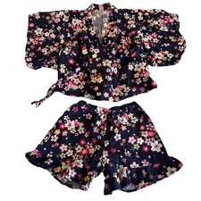 Girls 2 Pc Jinbei Dress 8-9y Sz 130cm Handmade Yukata Kimono Blue Floral Japan