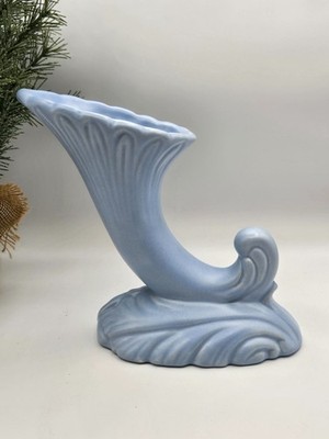 Vintage Haeger Pottery Cornucopia Vase 1940's Light Blue Matte 7.5 x6.25''