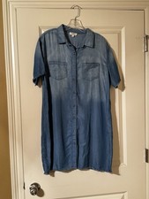 Umgee Denim Shirt Dress Size Large Blue Tencel Button Front Raw Hem Casual