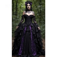 Purple /Black Gothic Wedding Dresses Vampire Steampunk Off Shoulder Long Sleeves