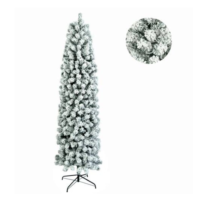 Christmas Tree Skinny Snow Flocked With Stand - Snowy Green