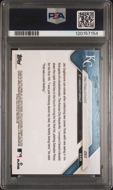 2025 Topps Now Jac Caglianone #262 PSA 10 GEM MINT RC Call-Up 1st MLB Hit Royals view 2