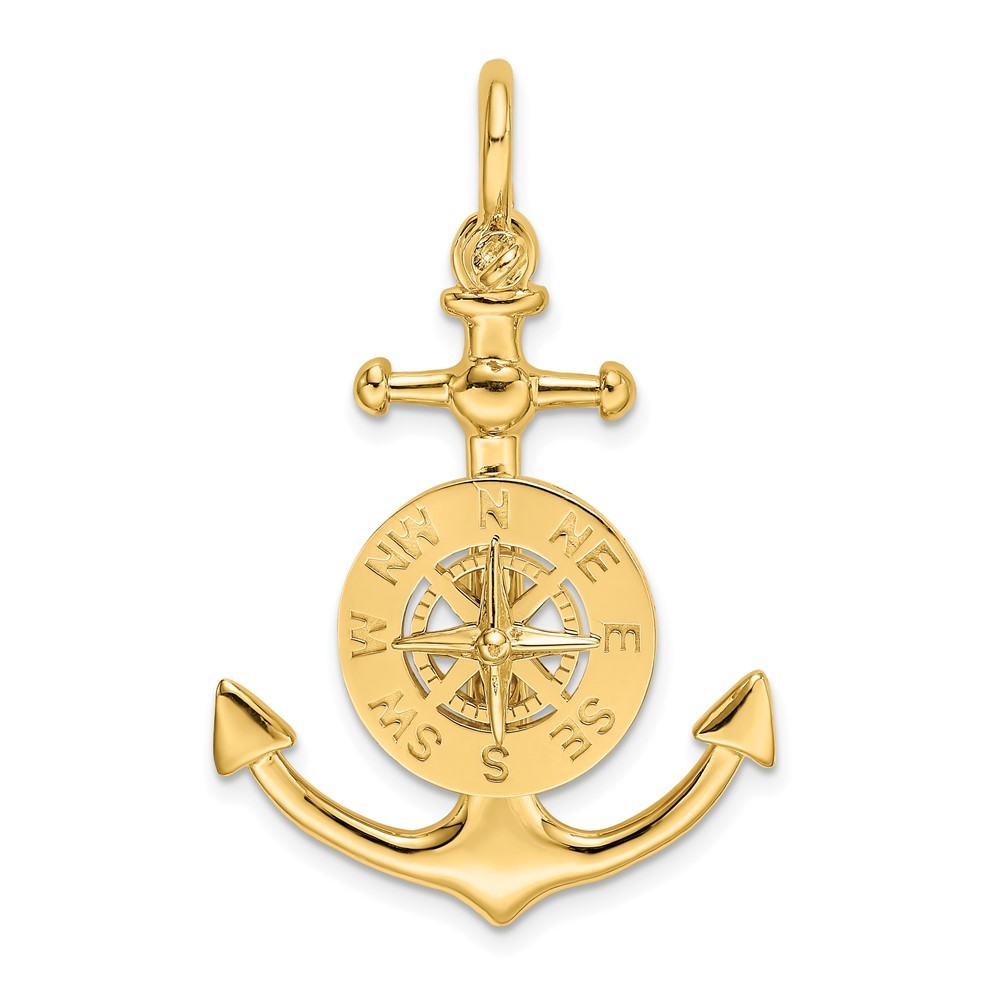10k Yellow Gold 3-D Small Anchor with Nautical Compass Charm Pendant L-1.78 Inch