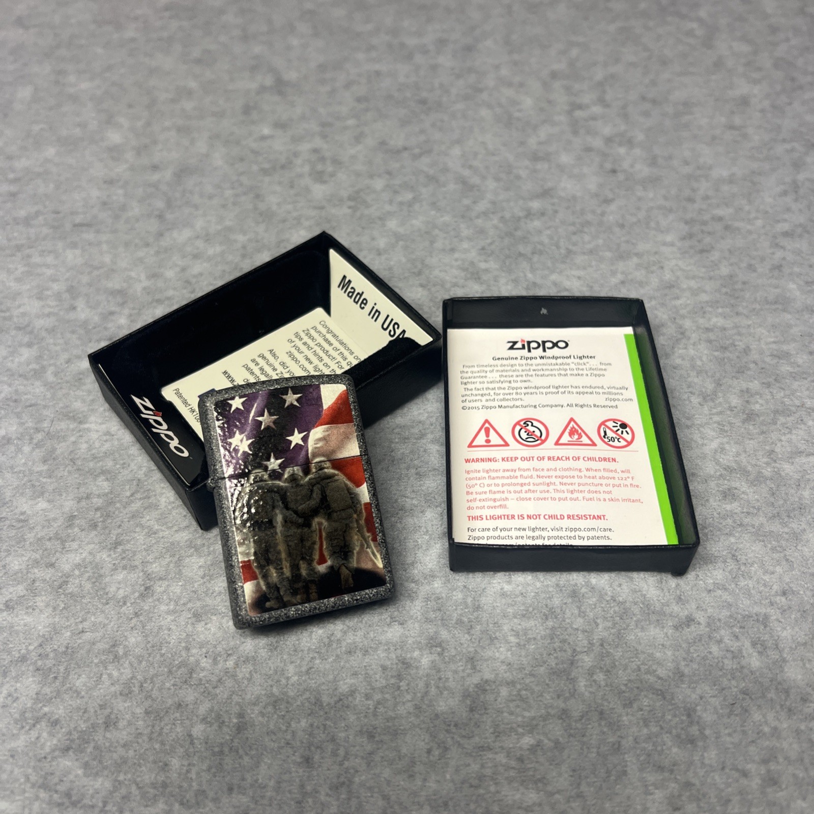 New Zippo Lighter U.S Army Stone Texture Sealed 3 Soldiers American Flag Gray