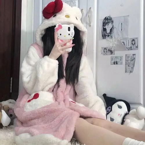 KT Plush Loungewear Pajamas Robe Hooded Pajamas Plush Long Nightgown - Picture 23 of 37