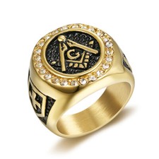 Gold Plated CZ Inlay Free Masonic Ring Stainless Steel Men's Cross Jewelry Ring