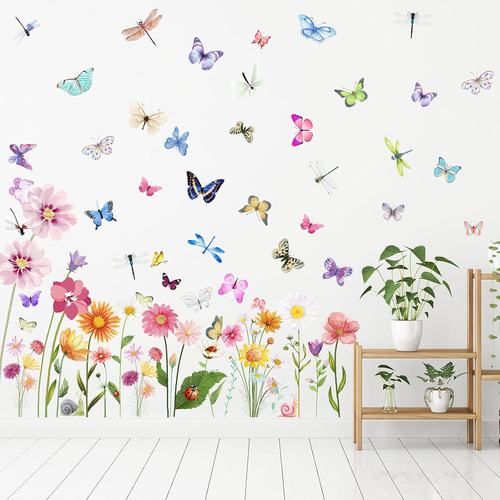 Flowers Butterflies Wall Decals Chrysanthemums Dragonflies Rose Botanical Wall S - Picture 8 of 12