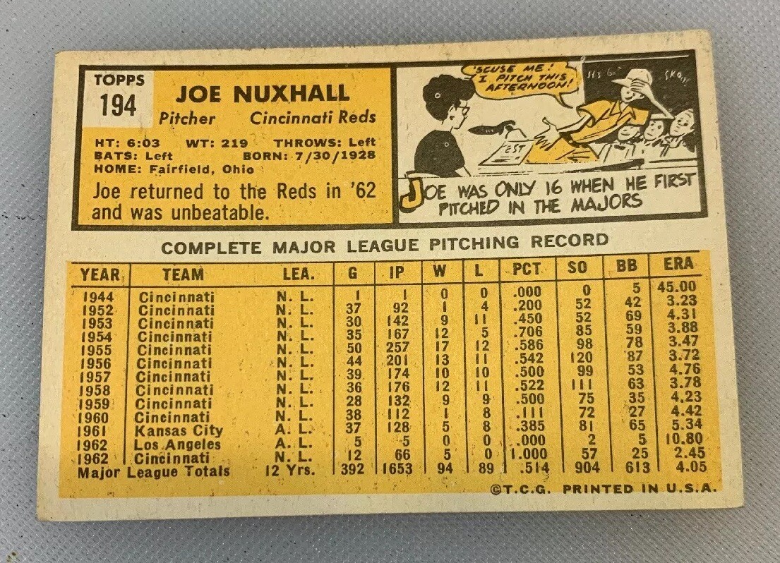 1963 Topps # 194 Joe Nuxhall Baseball Card Cincinnati Reds | eBay