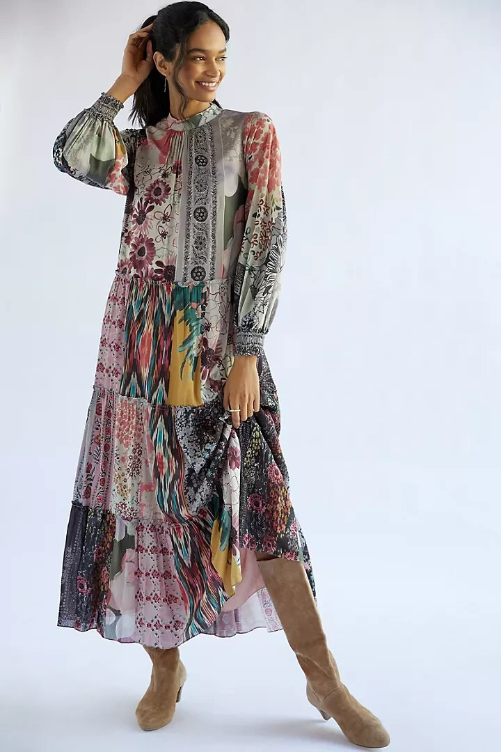Anthropologie Printed floral Patchwork Maxi Dress XS NEW NWT cotton silk blend