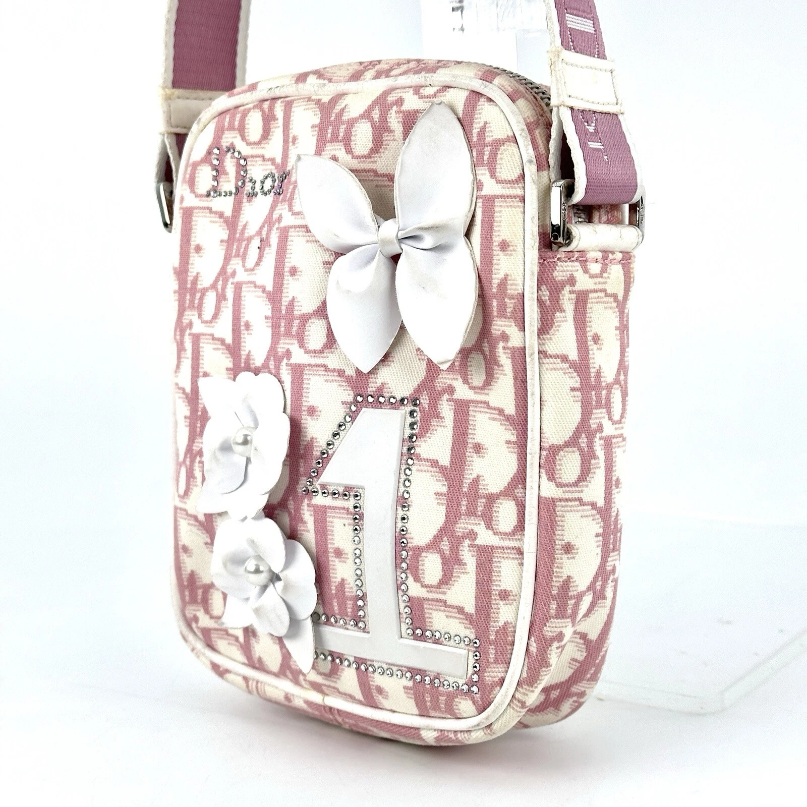 Sac bandoulière Dior trotteur toile rose fleur blanche authentique
