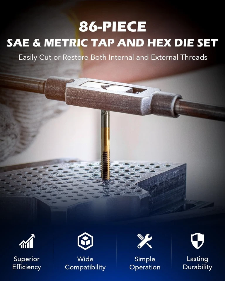 86PC Titanium Coated Steel Tap And Die Set SAE METRIC Tools Tapping Thread - Image 2 of 4