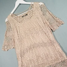 Jacques Vert Blouse Top Womens Large Beige Mesh Crochet Sequin Vest See Through