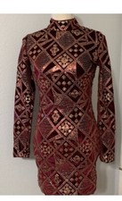 👗🔴🖤Mock Nexk Sequin Long Sleeve Burgundy Gold Mini Dress M