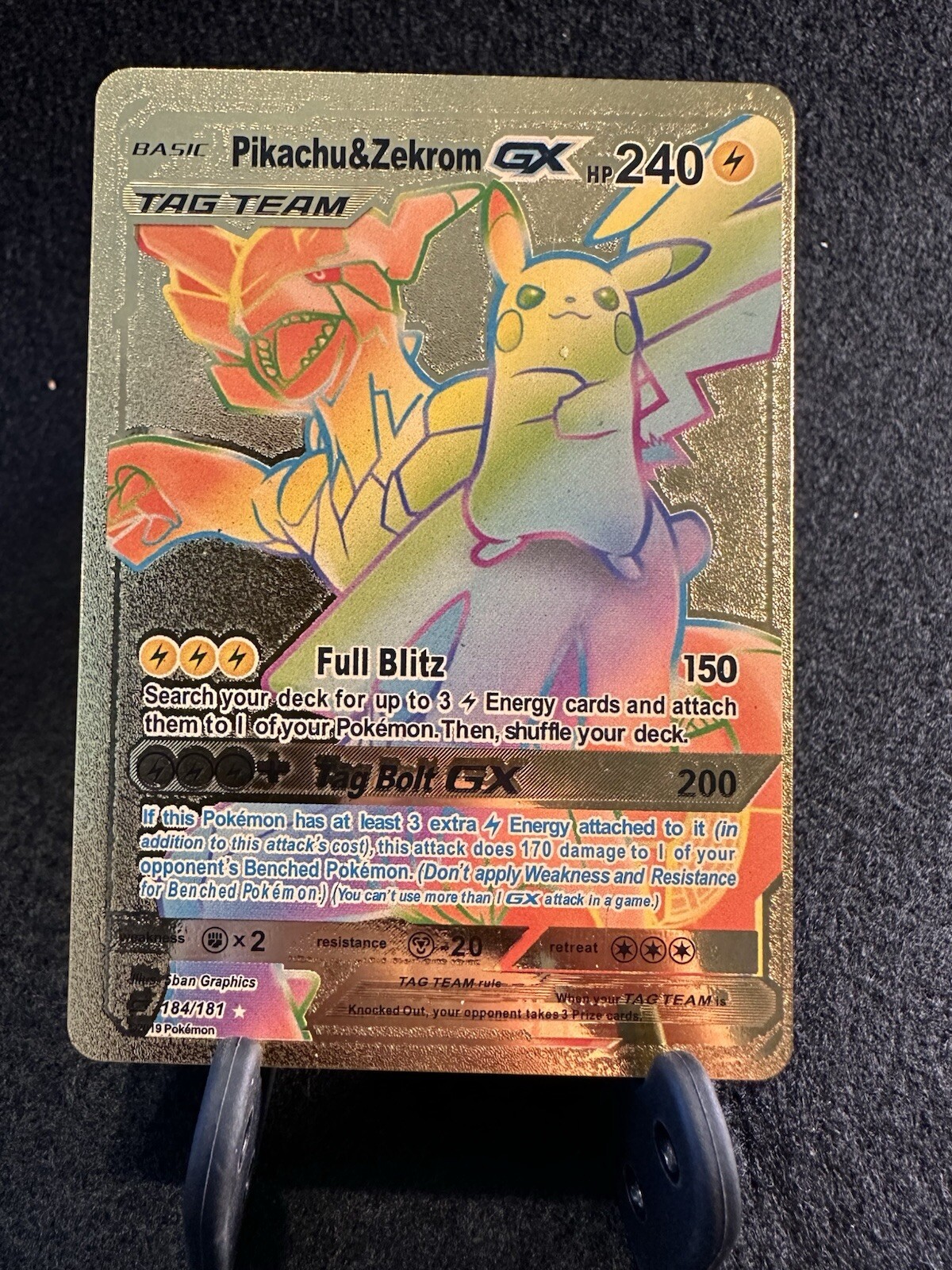 Pikachu & Zekrom GX (Secret) 184/181 Sm-Team Up Holo Gold Foil Fan Display