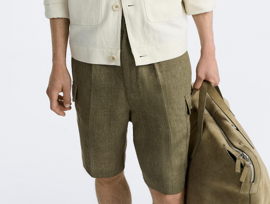 Zara 100% Linen Cargo Bermuda Shorts Khaki Olive Green W31 W34 5597/760 New